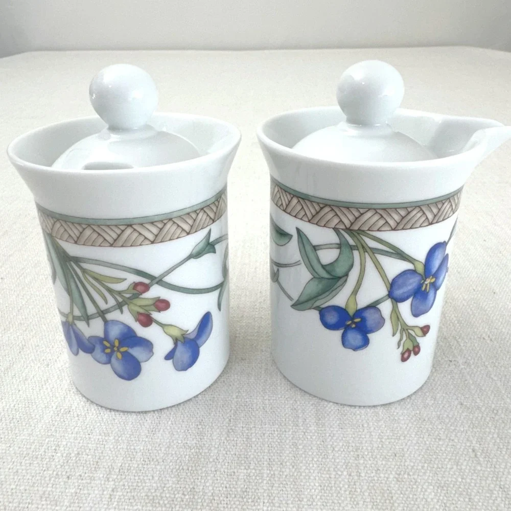Dansk Umbrian Flowers Creamer and Sugar Bowl Set Portugal Ceramic Floral Blue